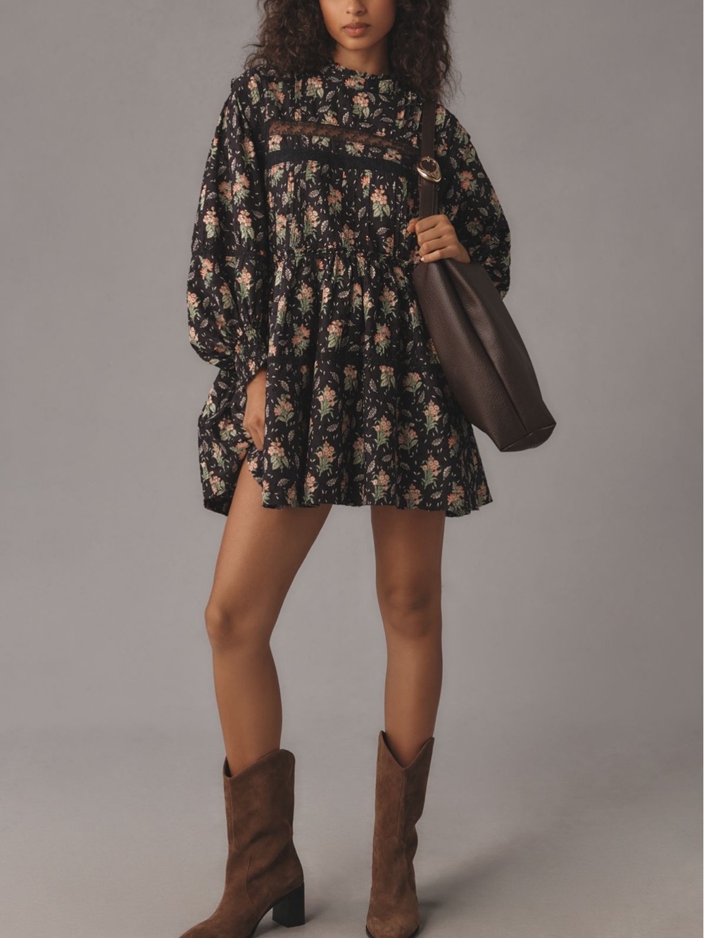 Pilcro Black Floral Lace-Yoke Smock Mini Dress